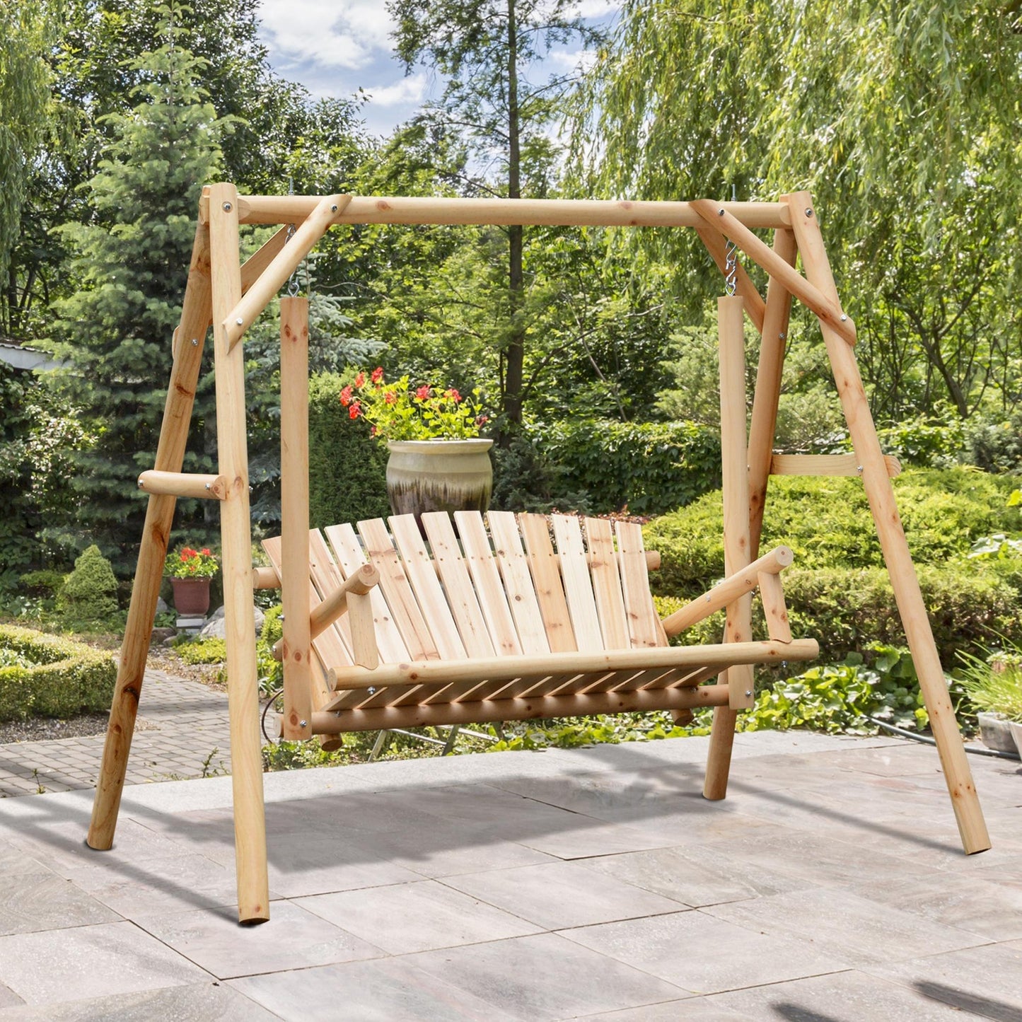 6.5ft Outdoor Loveseat, Wood Porch Swing for 2 Person, Freestanding Garden Swing, Comfortable Seating Kids Crystal