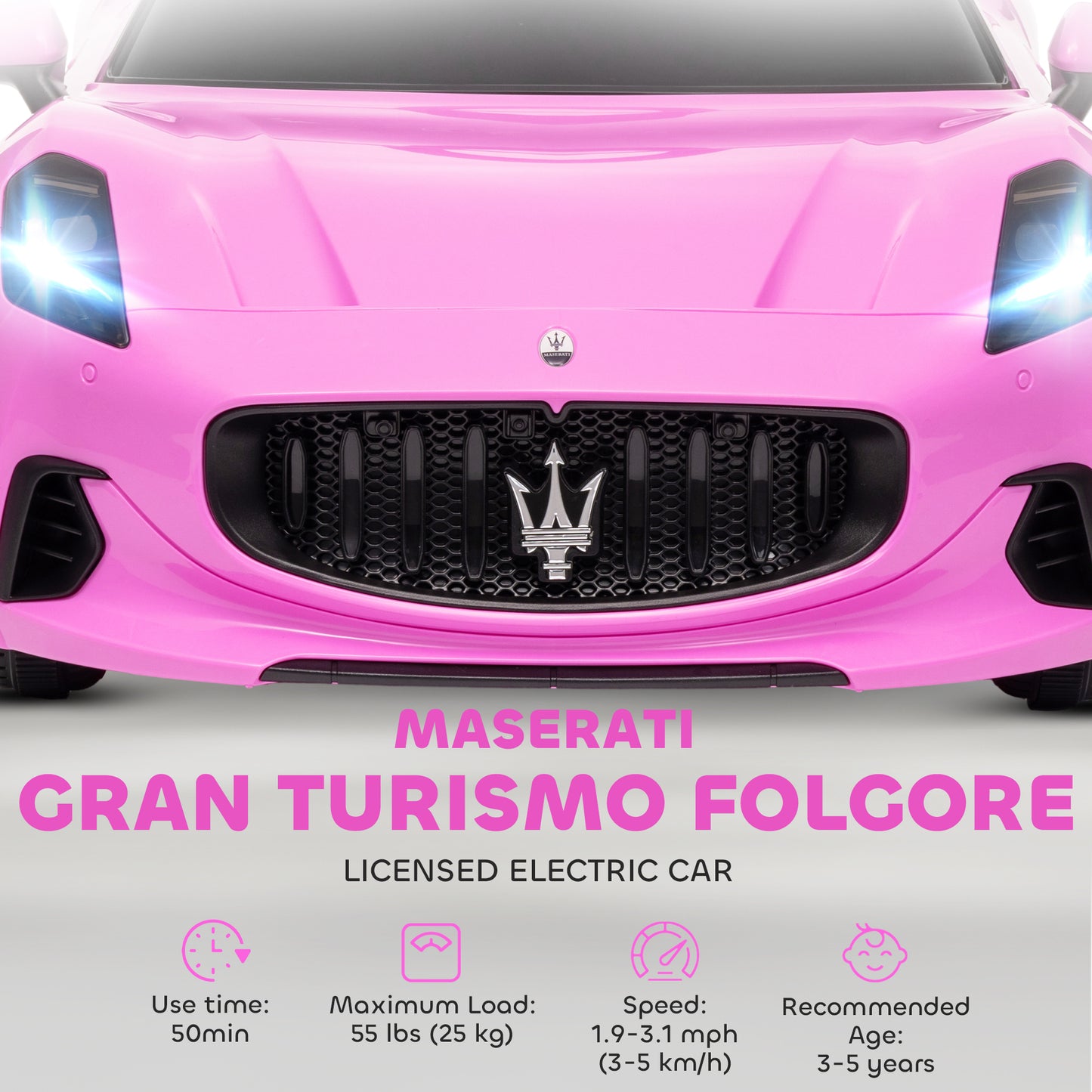 12V Maserati Gran Turismo Licensed Kids Electric Car w/ Remote Control, Soft Start, LED Lights, Music, Horn, MP3, Pink Kids Crystal