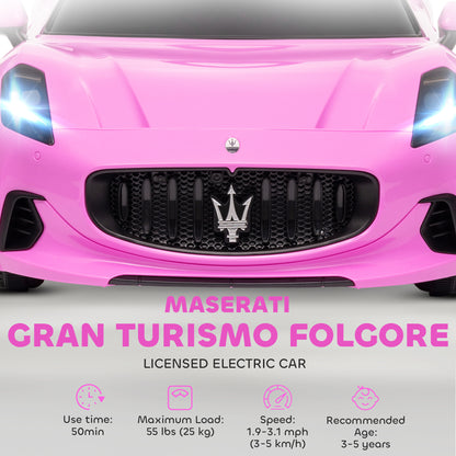 12V Maserati Gran Turismo Licensed Kids Electric Car w/ Remote Control, Soft Start, LED Lights, Music, Horn, MP3, Pink