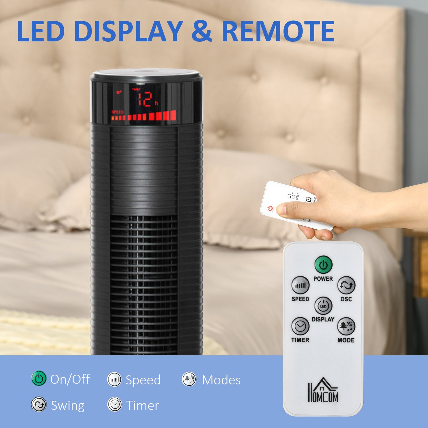 Tower Fan Freestanding Cooling 3 Speed Oscillating 12h Timer LED Remote Black for Home Bedroom Kids Crystal
