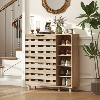 Shoe Cabinet, 21 Pair Shoe Storage Cabinet Organizer with 5-tier Double Door Cabinet and 5-tier Open Shelves, Beige