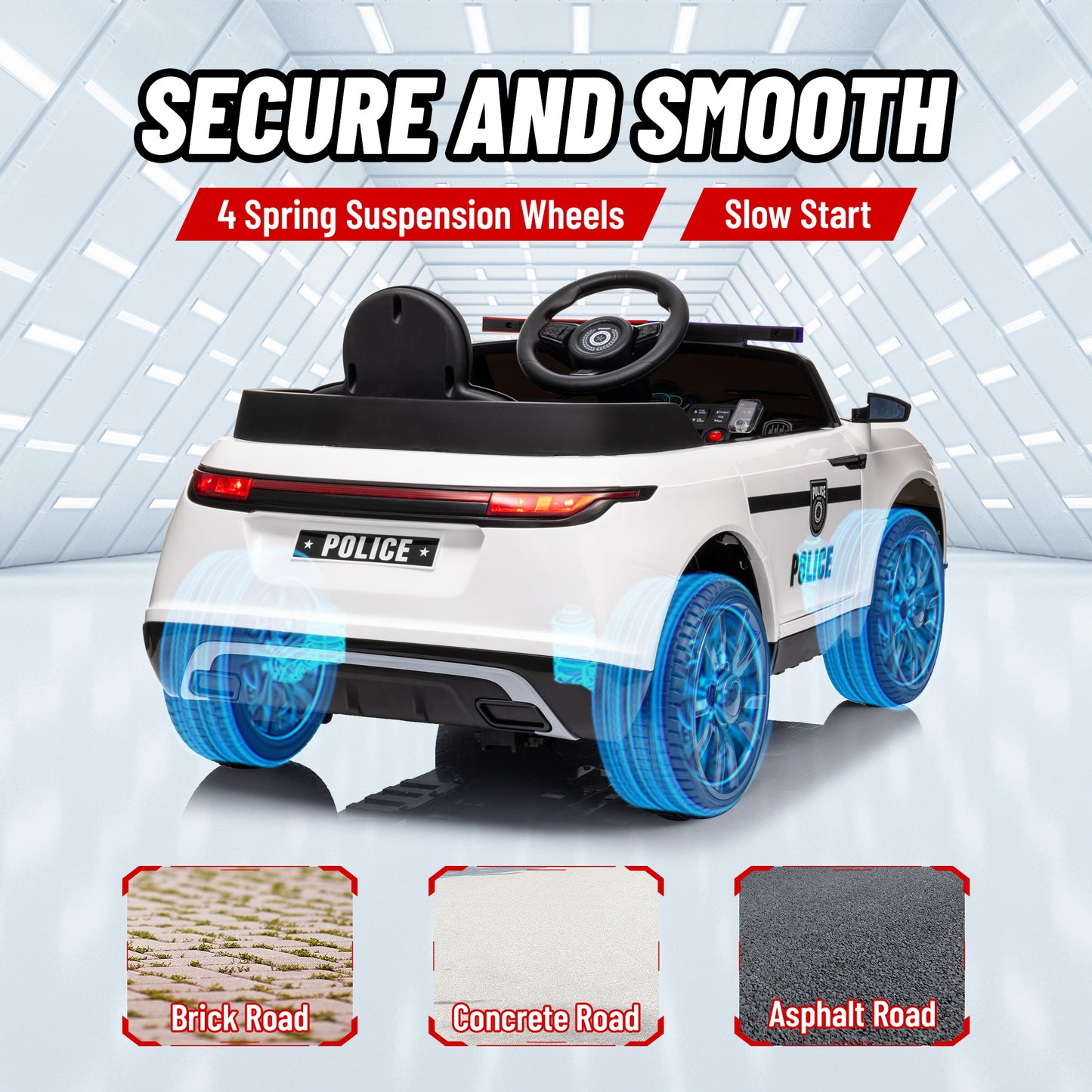 12V Kids Electric Police Car w/ Remote Control, Spring Suspension, Training Wheel, Siren, Music, Light, Horn, White Kids Crystal