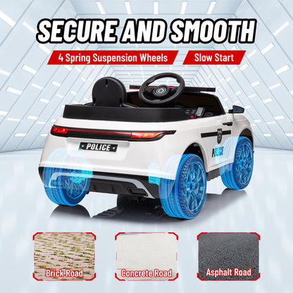 12V Kids Electric Police Car w/ Remote Control, Spring Suspension, Training Wheel, Siren, Music, Light, Horn, White
