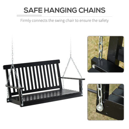 2-Seater Patio Swing Chair, Fir Wooden Porch Swing with Slatted Design, Hanging Chains for Outdoor, Garden, Black