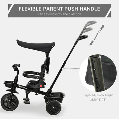 4-in-1 Baby Tricycle Stroller with Reversible Seat, Adjustable Handle, Canopy, Safety Belt, Storage - Black
