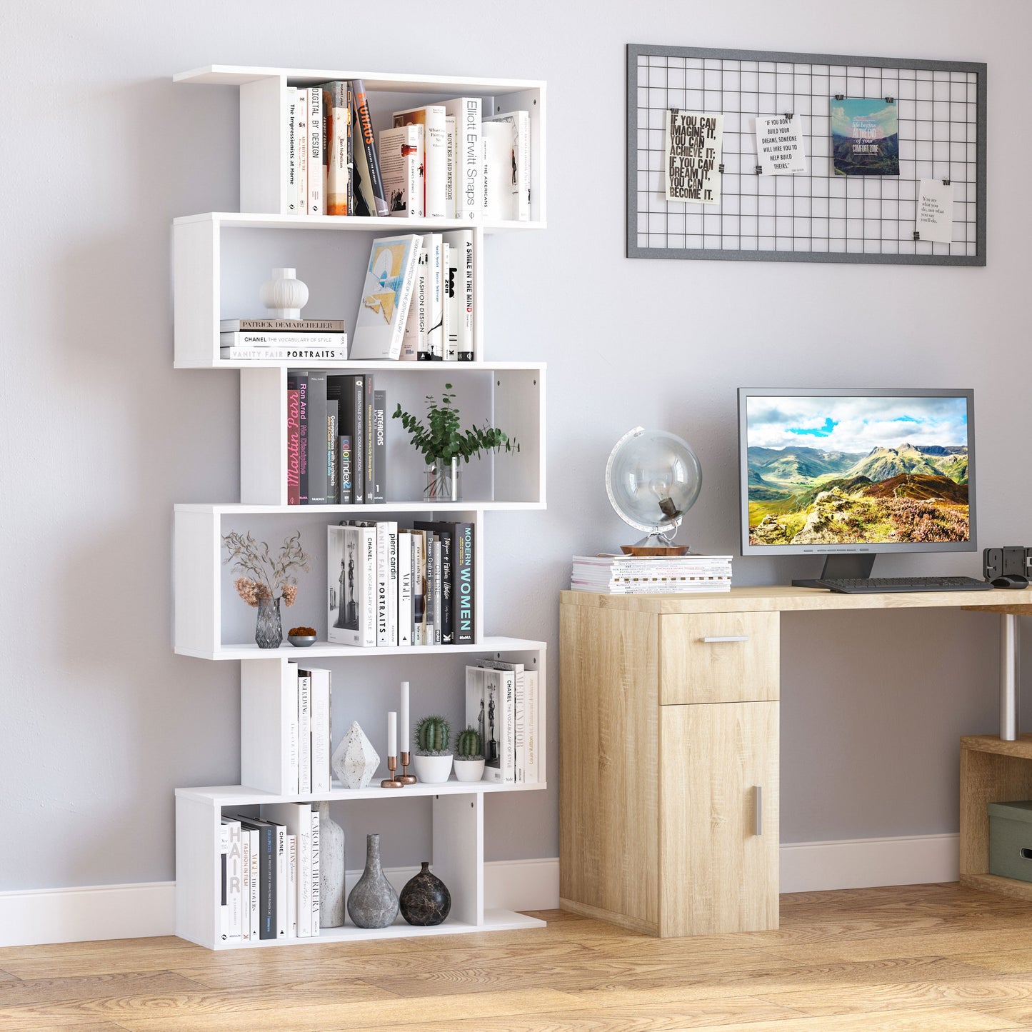 Curvaceous Storage: 6-Tier S-Shape Wooden Bookcase Display Divider Unit for Home Office, White Finish Kids Crystal