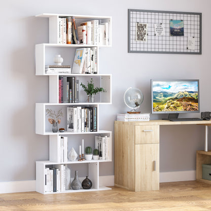 Curvaceous Storage: 6-Tier S-Shape Wooden Bookcase Display Divider Unit for Home Office, White Finish