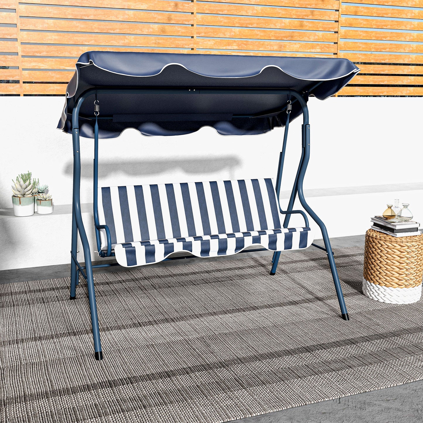 3-Seater Patio Swing Chair Outdoor Porch Swing with Adjustable Canopy Cushion Blue Kids Crystal