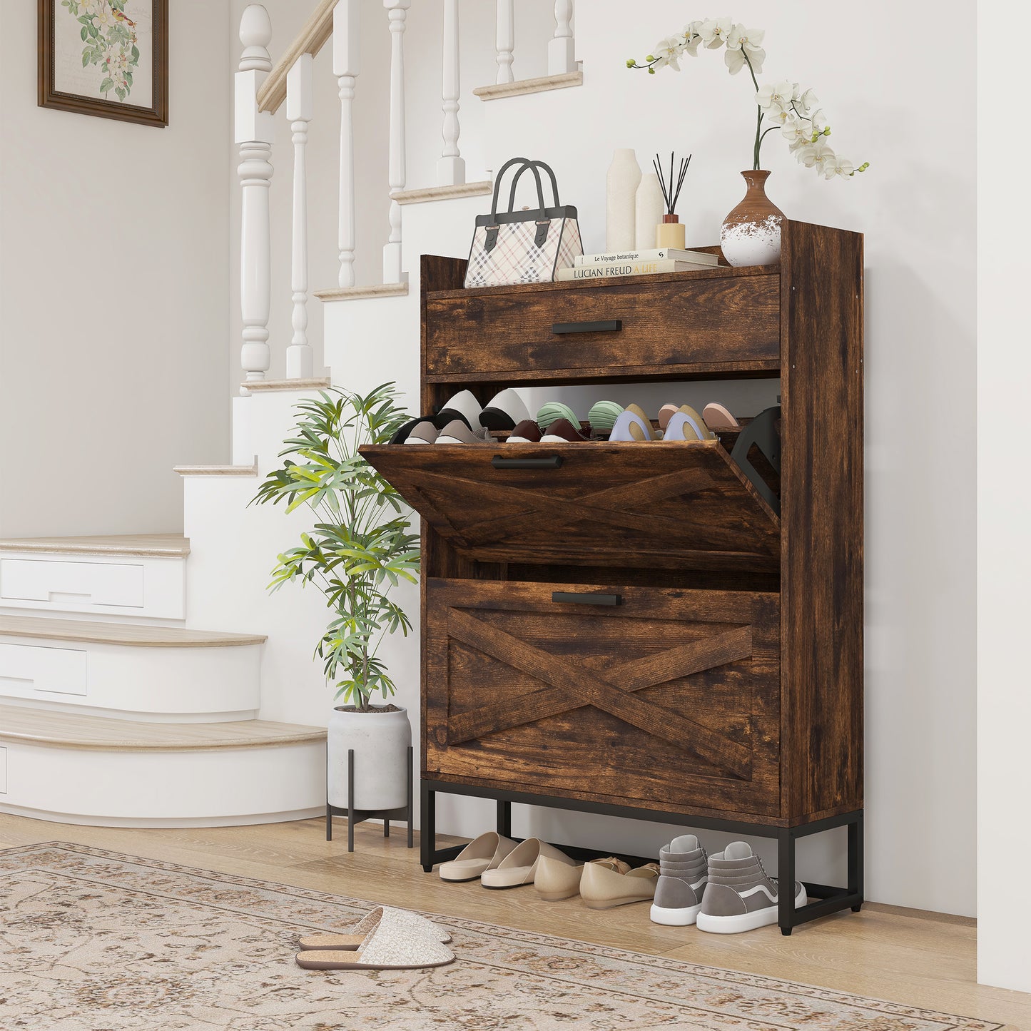 Narrow Shoe Cabinet Organizer: 2 Flip Drawers, Adjustable Shelves for 12 Pairs, Rustic Brown Kids Crystal