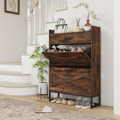 Narrow Shoe Cabinet Organizer: 2 Flip Drawers, Adjustable Shelves for 12 Pairs, Rustic Brown