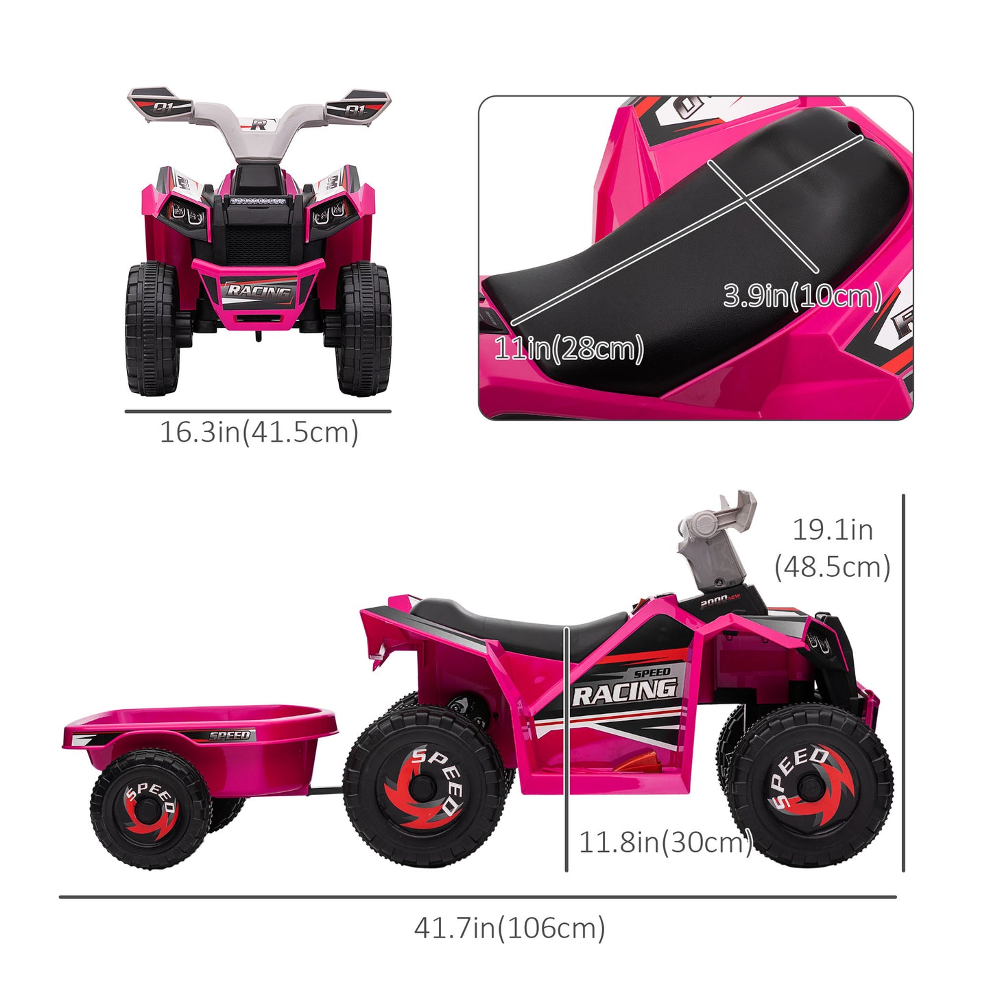 Ride-On Car: 6V, Electric, Trailer, Forward/Reverse, Wear-Resistant Wheels, Toddlers, Pink Kids Crystal
