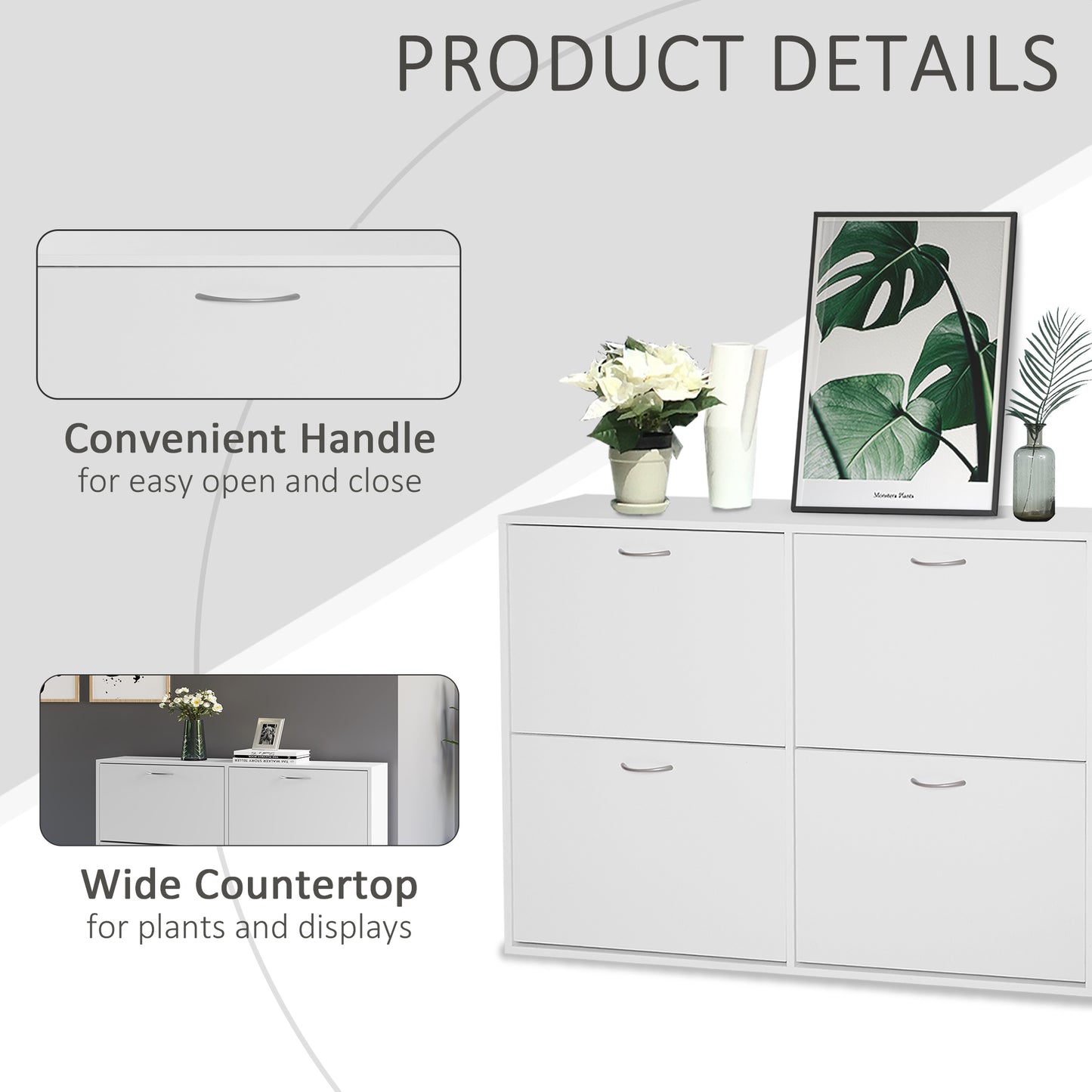 Entryway Shoe Organizer, Modern Wooden Shoe Rack Cabinet with 4 Flip Down Drawers, Ample Storage Space in White Kids Crystal