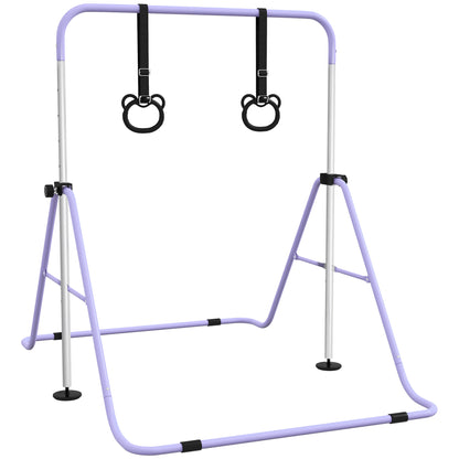 Kids Gymnastics Bar, Adjustable Height Folding Horizontal Bar with Gymnastics Rings, Non-slip Rubber Floor Rings, Purple