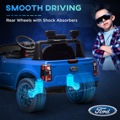 Ford Ranger Licensed 12V Ride on Car Battery Powered Kids Truck w/ Rear Storage Remote, Spring Suspension, Blue