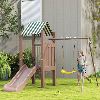 4-in-1 Kids Swing Set for Playground with Slide, Covered Fort, Climbing Ladder, Ground Stakes, for Kids Ages 3-8, Brown