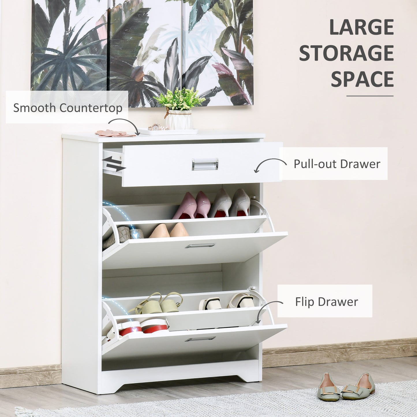Compact Shoe Sanctuary: Storage Cabinet with Drawer, 2 Flip Doors, Adjustable Shelves for 16 Pairs, White Kids Crystal