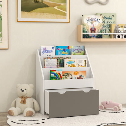 Kids Bookshelf with 3 Tier Display Shelves, Drawer for Nursery, Grey