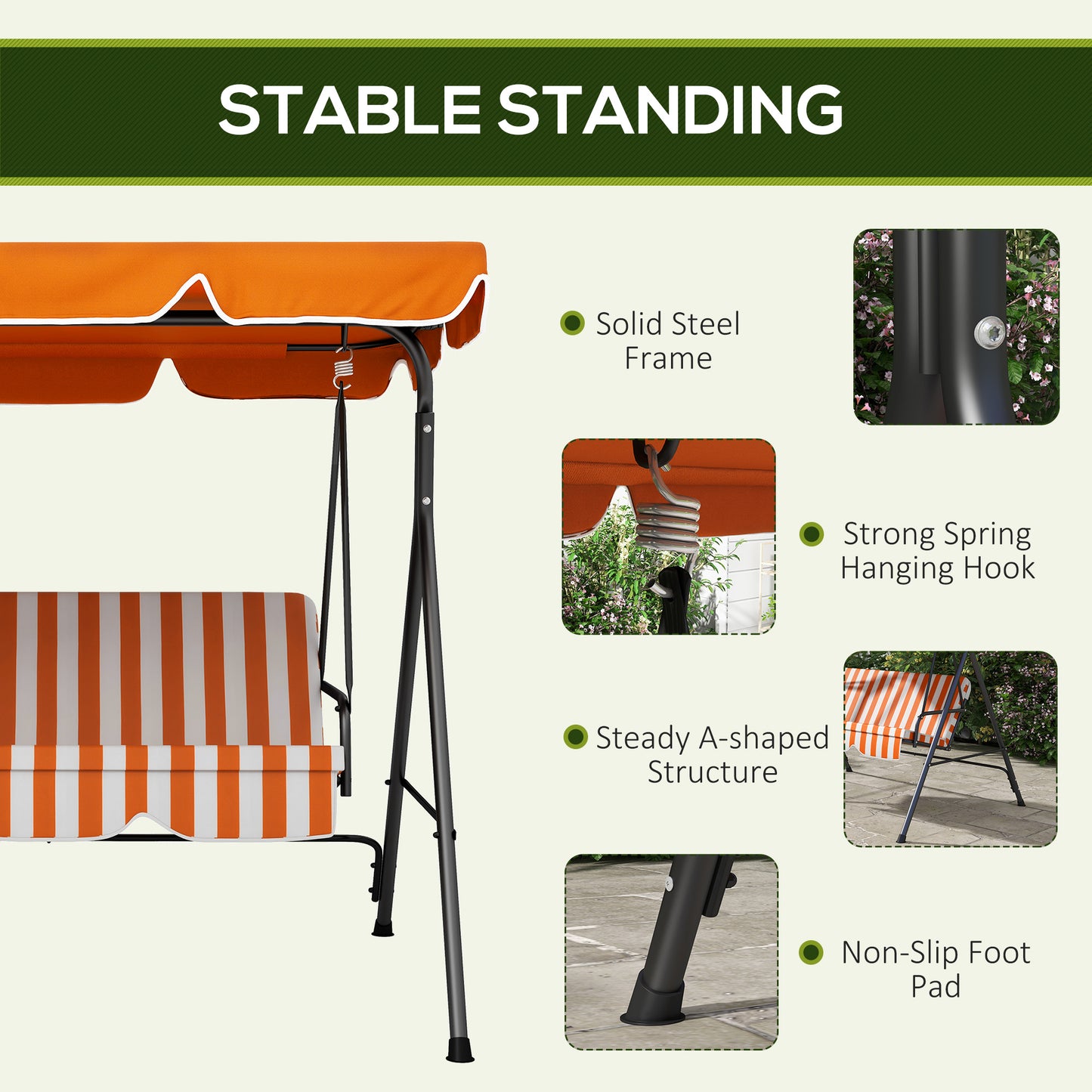 3-Seater Outdoor Porch Swing with Adjustable Canopy Patio Swing Chair for Garden Poolside Backyard Orange Kids Crystal