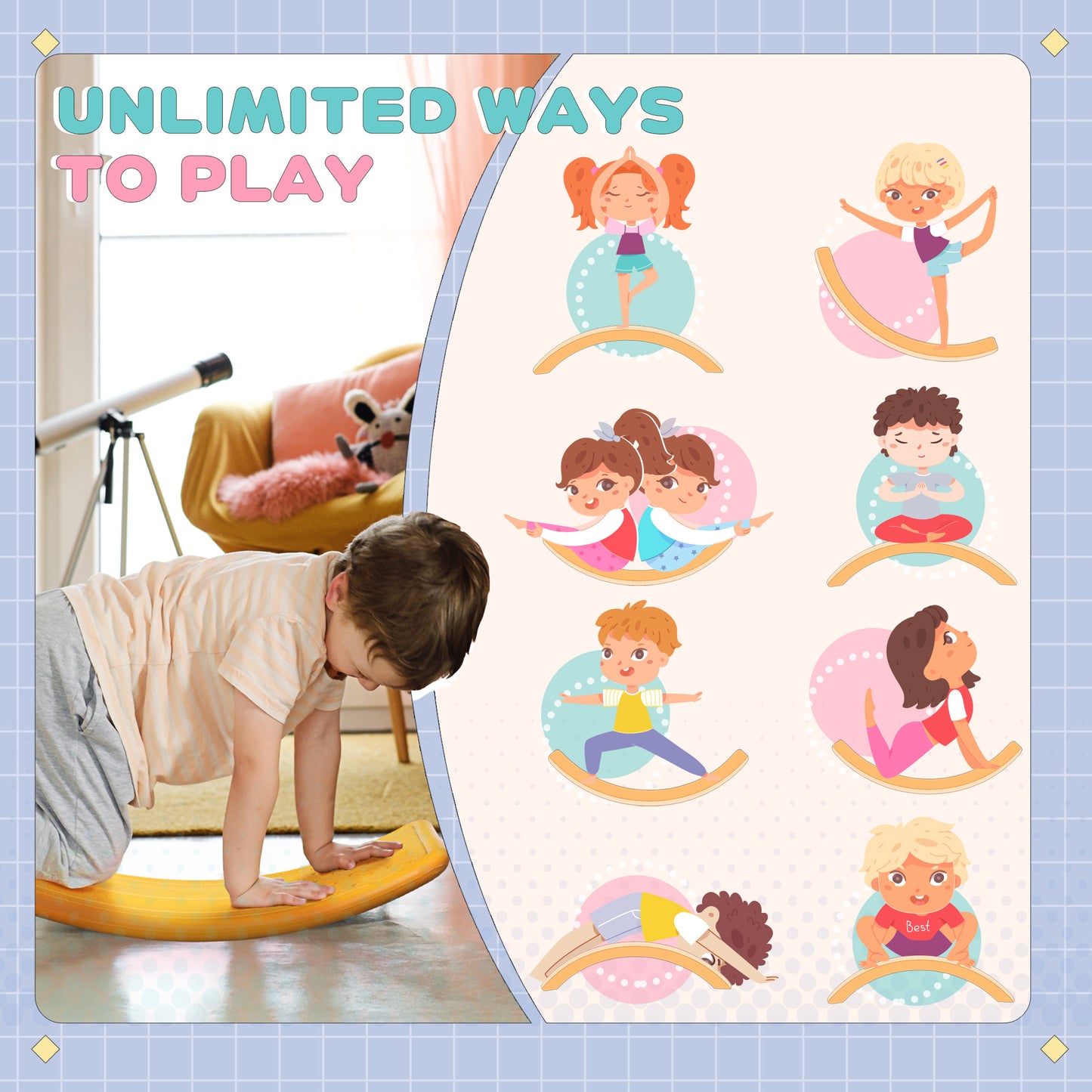 32.3" Balance Board Wobble Board Kids Curvy Rocker Board Ended Preschool Learning Montessori Waldorf Toy Yellow Kids Crystal