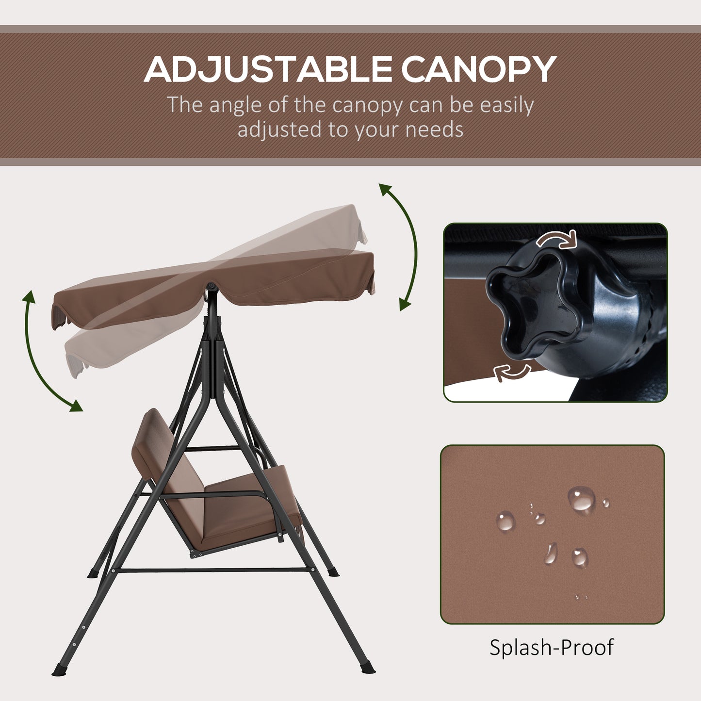 3-Seater Outdoor Porch Swing with Adjustable Canopy, Patio Swing Chair for Garden, Poolside, Backyard, Brown Kids Crystal