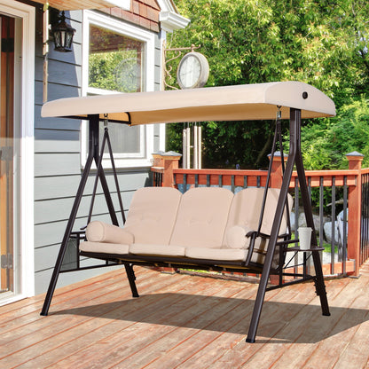 3 Seater Porch Swing Heavy Duty Outdoor Swing Chair Outdoor Lounge Hammock Cushioned Seat with Tilt Canopy, Beige