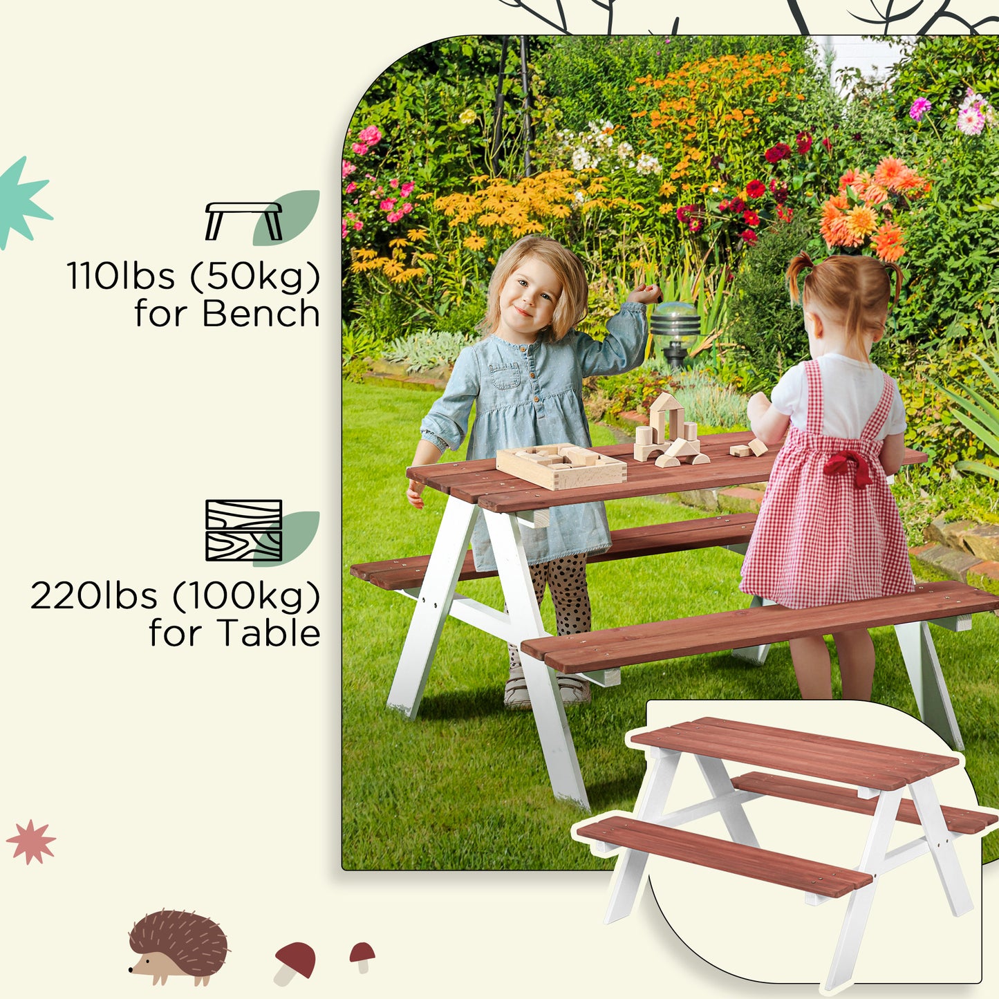 Kids Picnic Table and Chair Set, Wooden Table Bench Set Outdoor Activity for Backyard, Girls Boys Gift Aged 3-8 Years Old