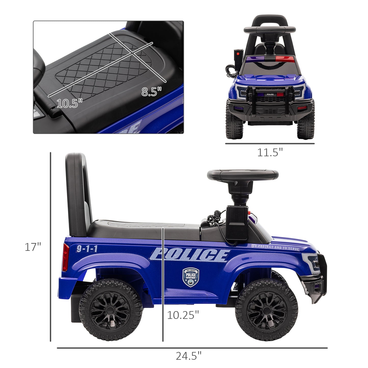 Kids Ride On Police Car Sliding Vehicle with Under Seat Storage Megaphone Anti-Tip Blue Kids Crystal