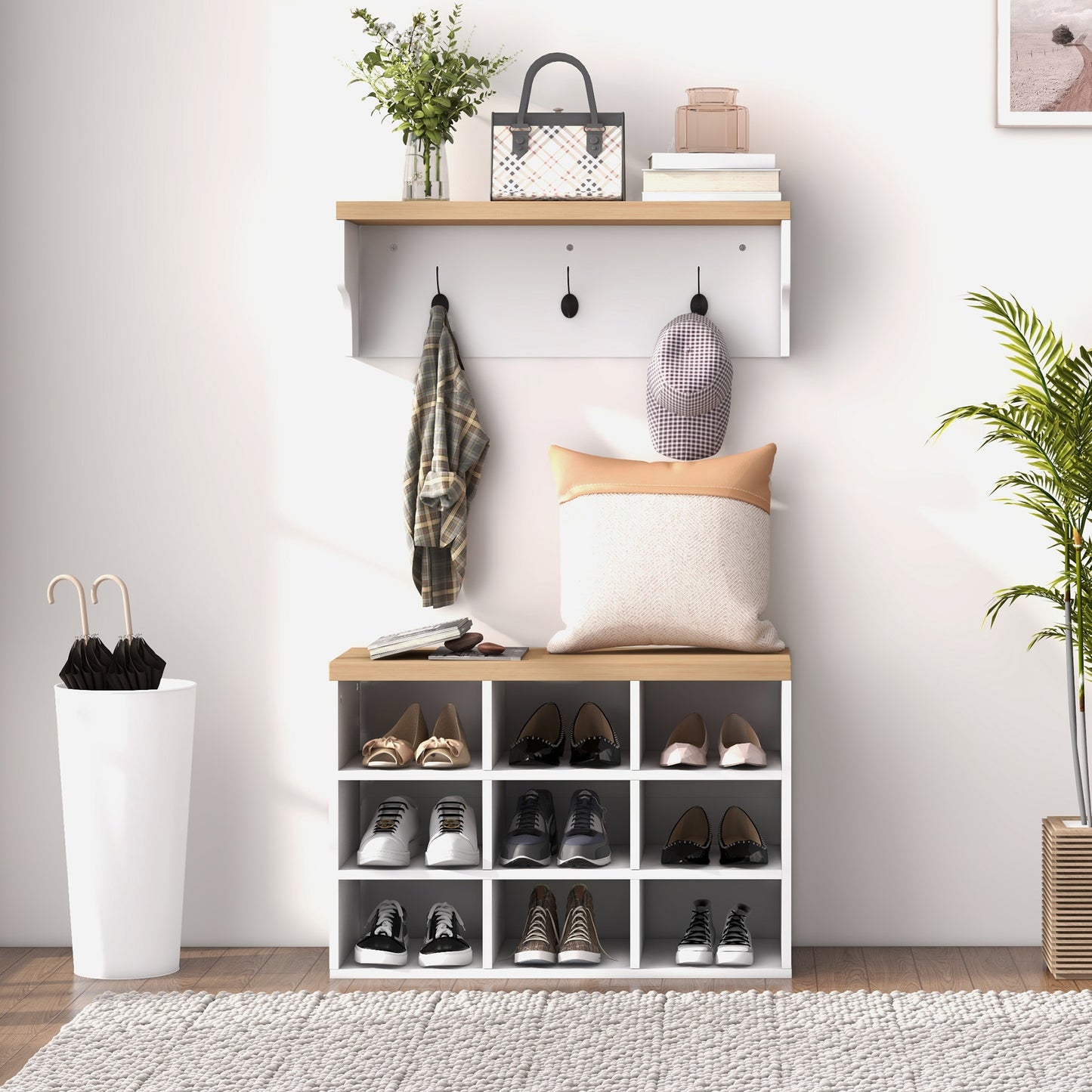 2-in-1 Hall Tree, 5-Hook Coat Rack Shoe Bench Set w/ Bench and Shoe Storage for Entryway, Hallway, White Kids Crystal