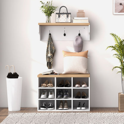 2-in-1 Hall Tree, 5-Hook Coat Rack Shoe Bench Set w/ Bench and Shoe Storage for Entryway, Hallway, White