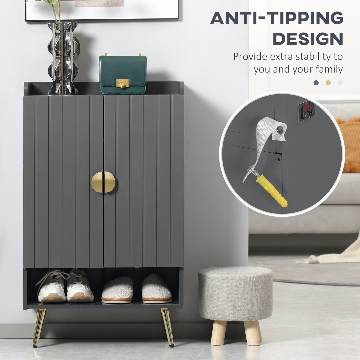 Modern Entryway 15 Pair Shoe Cabinet with 2 Doors Adjustable Shelves, Grey Finish for Stylish Organization | Sleek Design Kids Crystal