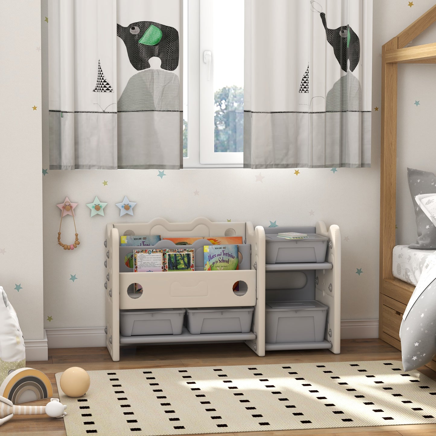 Toy Storage Organizer with 4 Storage Boxes, Bookshelves, for Nursery, Kids Room, Playroom, Cream White Kids Crystal