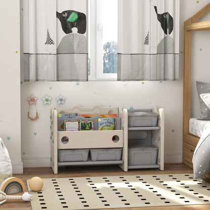 Toy Storage Organizer with 4 Storage Boxes, Bookshelves, for Nursery, Kids Room, Playroom, Cream White