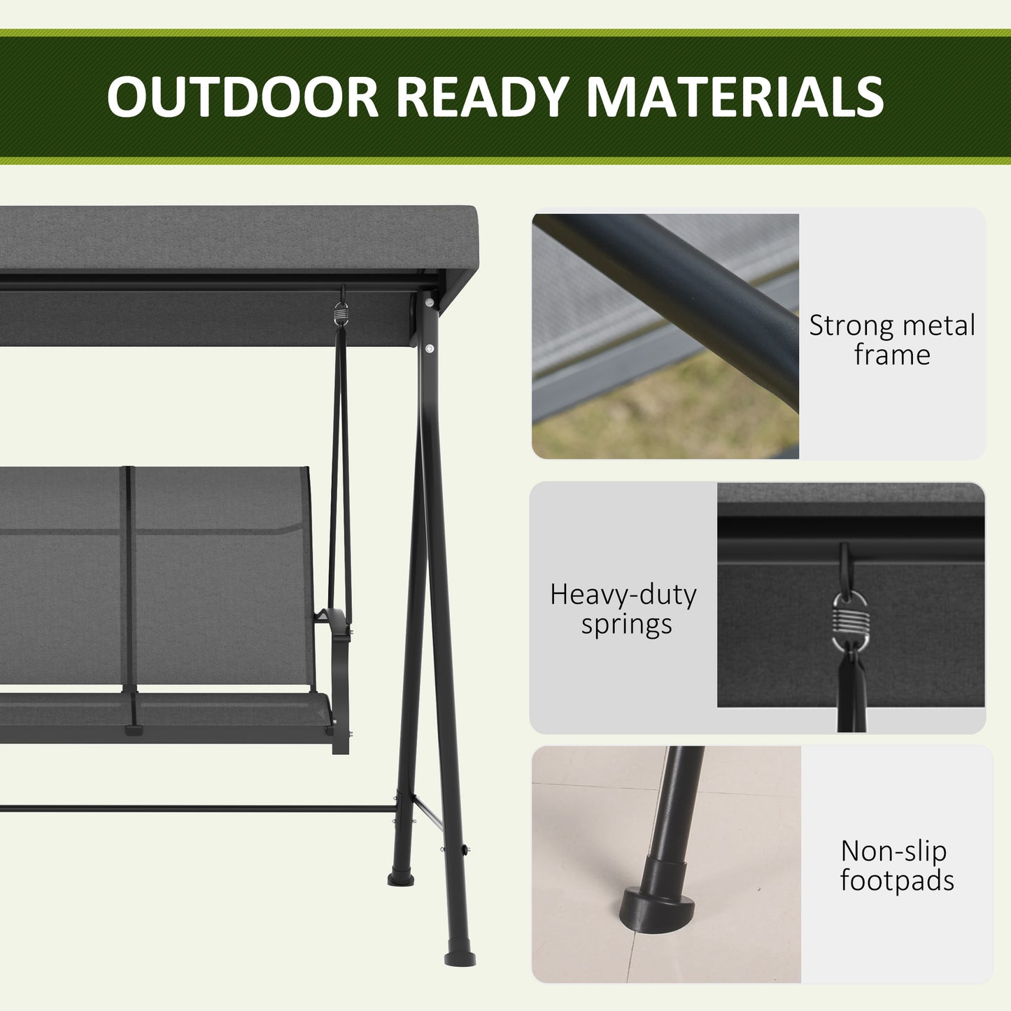 3 Seater Outdoor Swing Chair with Canopy, Metal Porch Swing Bench for Patio, Garden, Backyard, Lawn, Dark Grey Kids Crystal