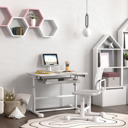 Height Adjustable Kids Desk and Chair Set with Tilt Desktop, Large Writing Board, Storage Drawer, Book Stand, Grey