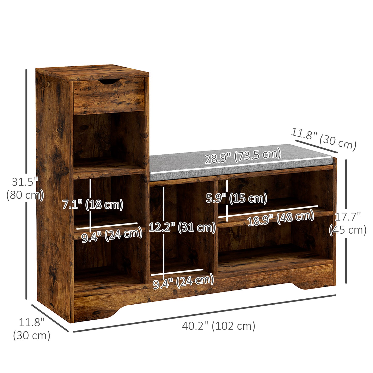 Upholstered Shoe Storage Bench w/ Seat, Entrance Bench w/ Drawer and 6 Open Shelves for Hallway, Rustic Brown Kids Crystal