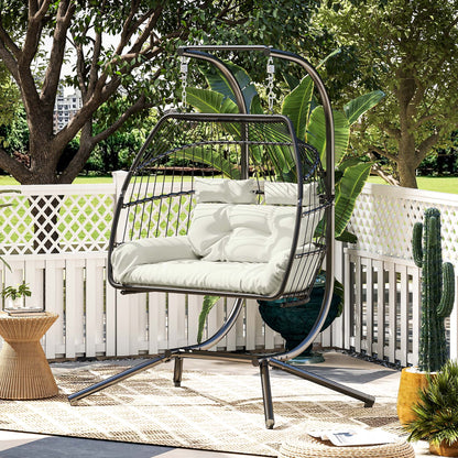Double Wicker Egg Swing Chair with Stand, Foldable Hanging Egg Chair with UV Resistant Cushion, Headrest, Cream White