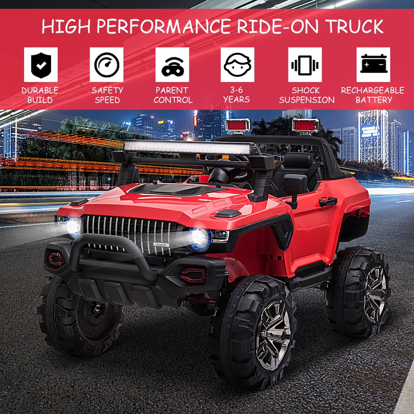 Kids Ride-On Car 12V RC 2-Seater Police Truck Electric Car For Kids with Full LED Lights, MP3, Parental Remote Control (Red) Kids Crystal