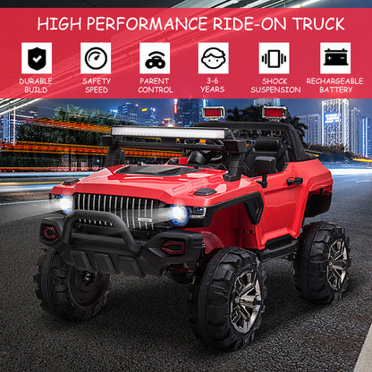 Kids Ride-On Car 12V RC 2-Seater Police Truck Electric Car For Kids with Full LED Lights, MP3, Parental Remote Control (Red)
