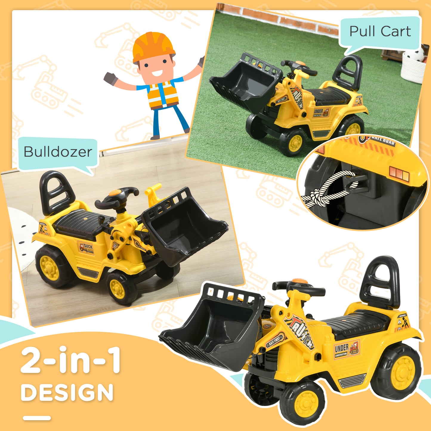 Kids Ride-On Bulldozer Toy with Excavator Bucket Horn Steering Wheel Under Seat Storage for Toddlers Yellow Kids Crystal