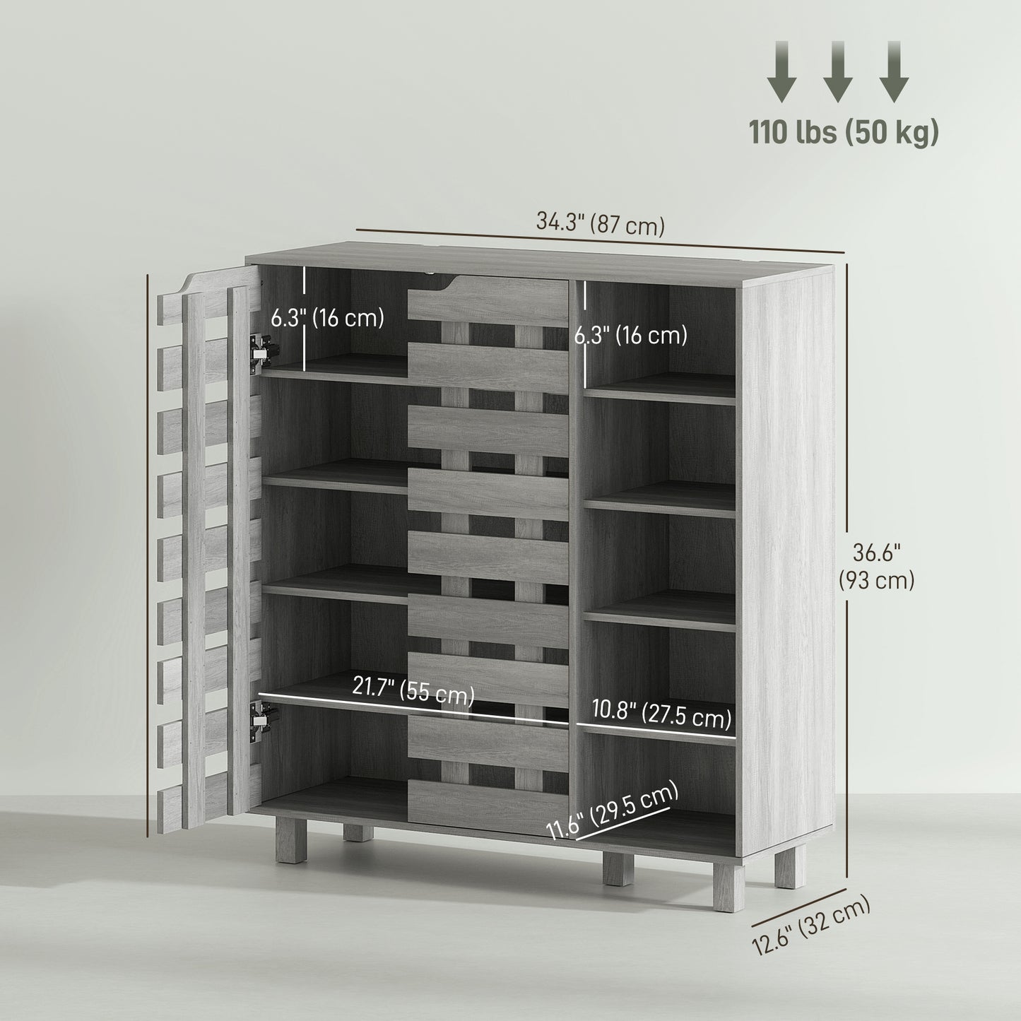 Shoe Cabinet, 21 Pair Shoe Storage Cabinet Organizer with 5-tier Double Door Cabinet and 5-tier Open Shelves, Light Grey Kids Crystal