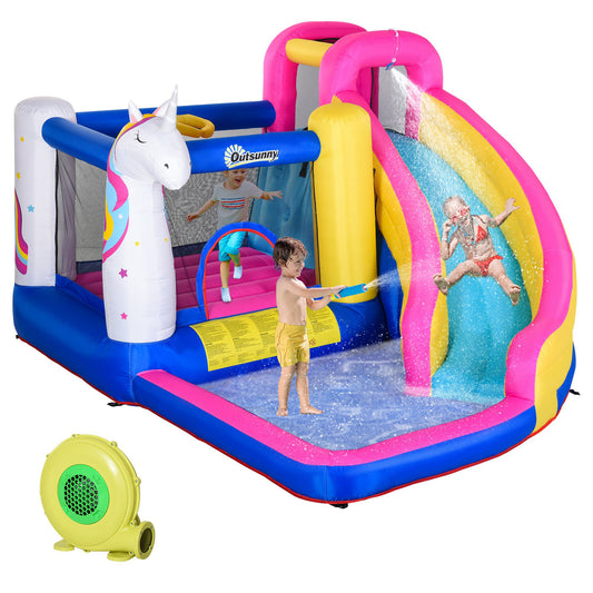 Bouncy Castle with Water Slide Inflatable Trampoline Pool for Kids 5 in 1 Climbing Wall Bounce House with Blower