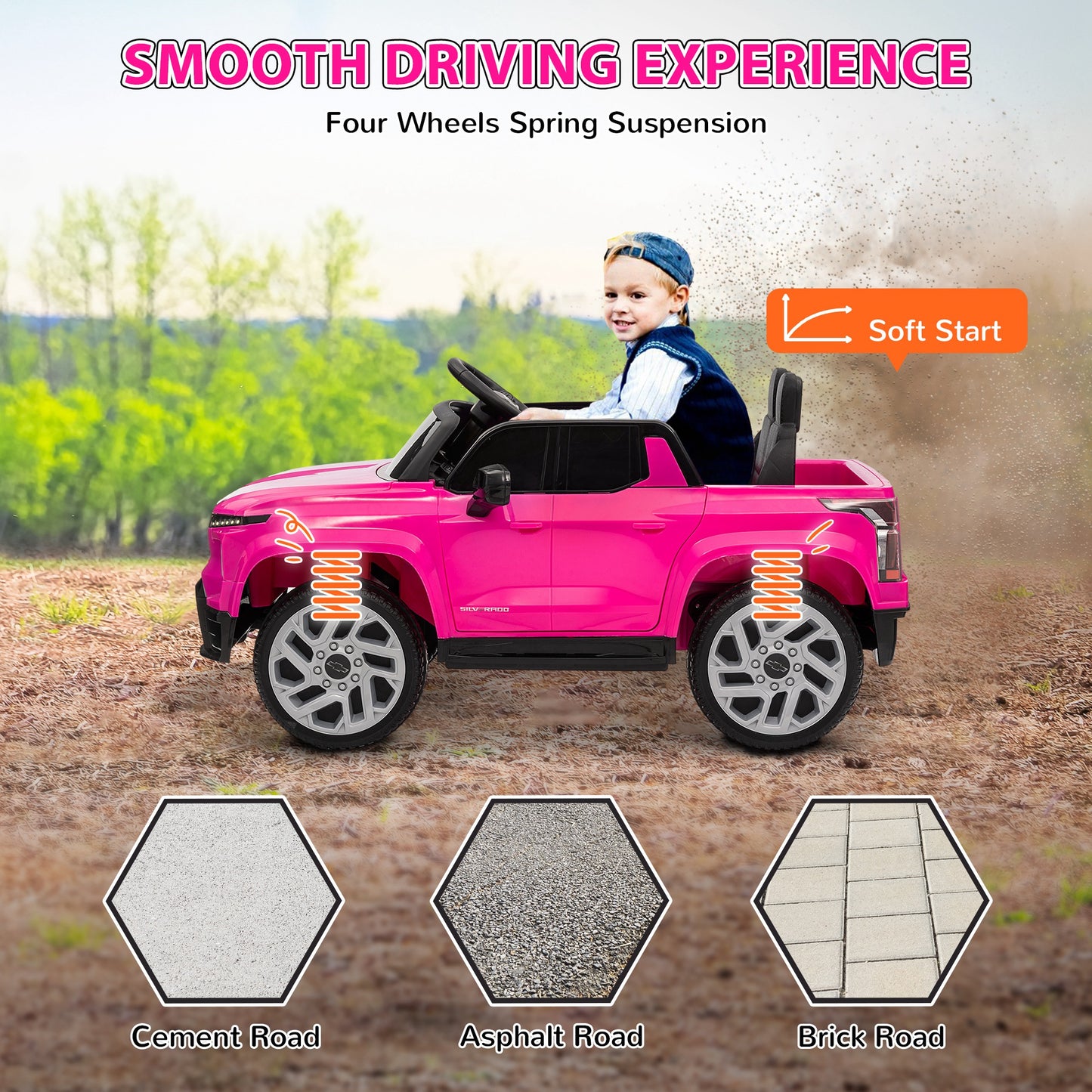 12V CHEVROLET SILVERADO EV RST Licensed Kids Car w/ Remote, Spring Suspension, Soft Start, Training Wheels, Pink Kids Crystal