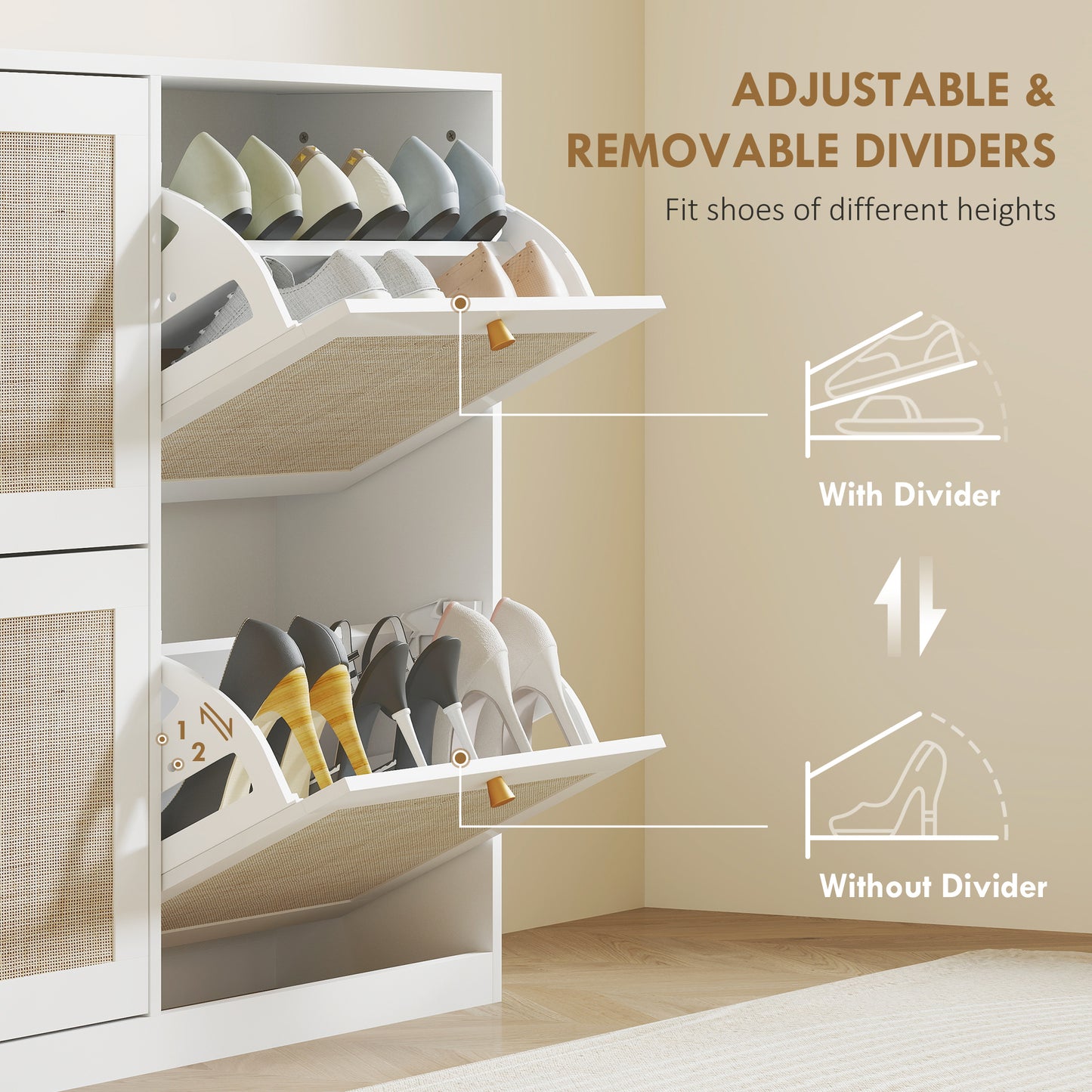 Narrow Shoe Storage Cabinet, Rattan Shoe Cabinet with 4 Flip Drawers and Adjustable Shelves for 20 Pairs, White Kids Crystal