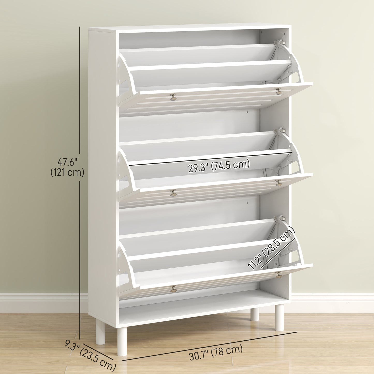 Narrow Shoe Storage Cabinet, 3 Flip Drawers, Adjustable Shelves, 24 Pairs Capacity, White Kids Crystal