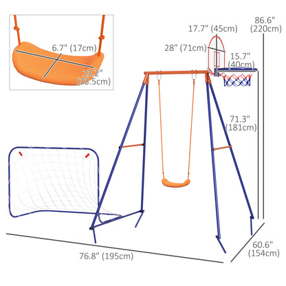 Outdoor Kids Swing Set with Seat, Basketball Hoop, Football Goal, Secure Ground Stakes for Ages 3-8