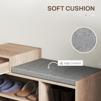 Upholstered Shoe Storage Bench, Hallway Shoe Storage with Seat, Drawer, 3 Open Shelves for Entryway, Grey