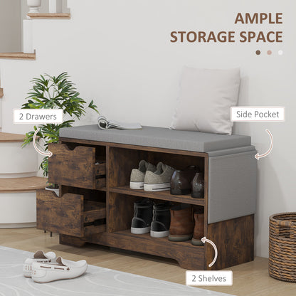 Upholstered Shoe Storage Bench w/ Seat, Entrance Bench w/ Drawer Open Shelves and Pocket for Hallway, Rustic Brown