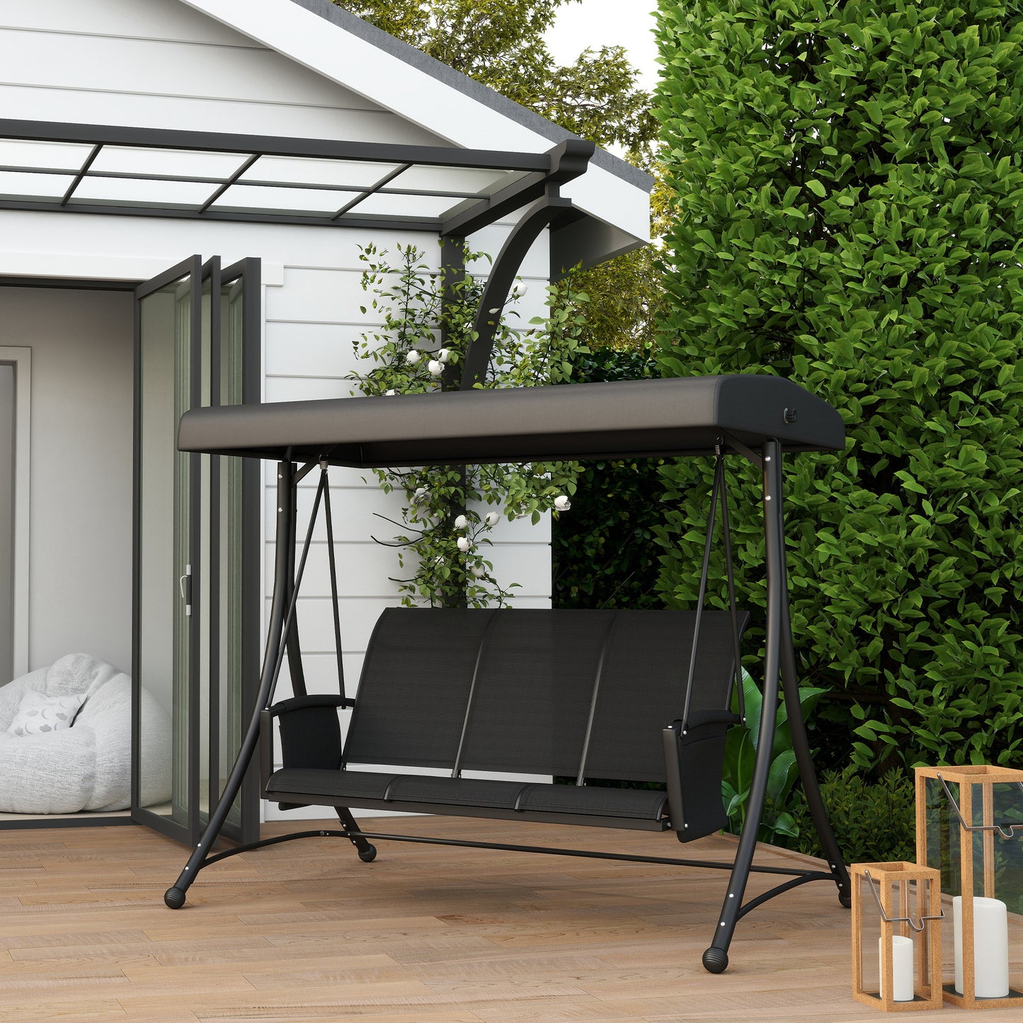 3 Person Outdoor Porch Swing Chair with Adjustable Canopy, Black Kids Crystal