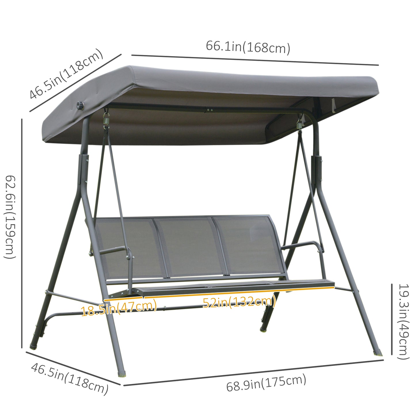 3-Seater Porch Swing Chair Garden Hammock A-Frame Outdoor Sling Seat with Adjustable Canopy Cover Kids Crystal