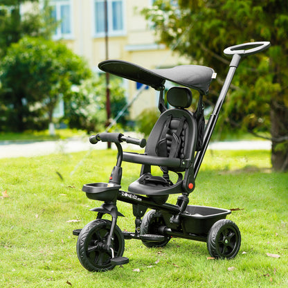 4-in-1 Baby Tricycle Stroller with Reversible Seat, Adjustable Handle, Canopy, Safety Belt, Storage - Black